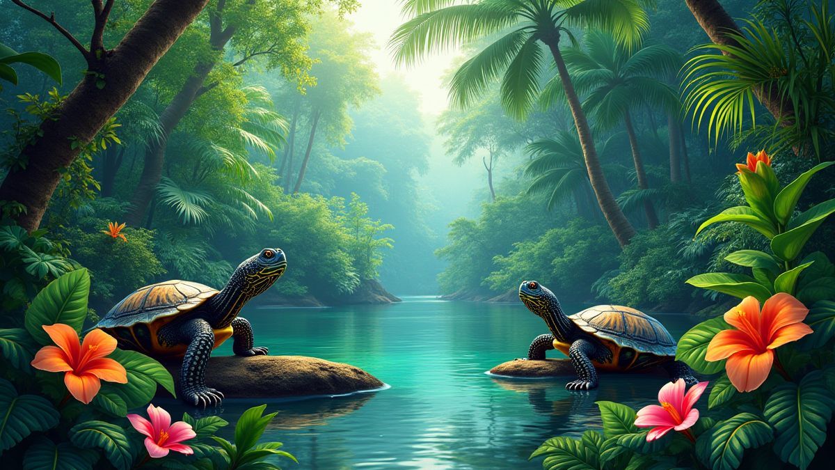 Selva tropical com animais exóticos e vegetação