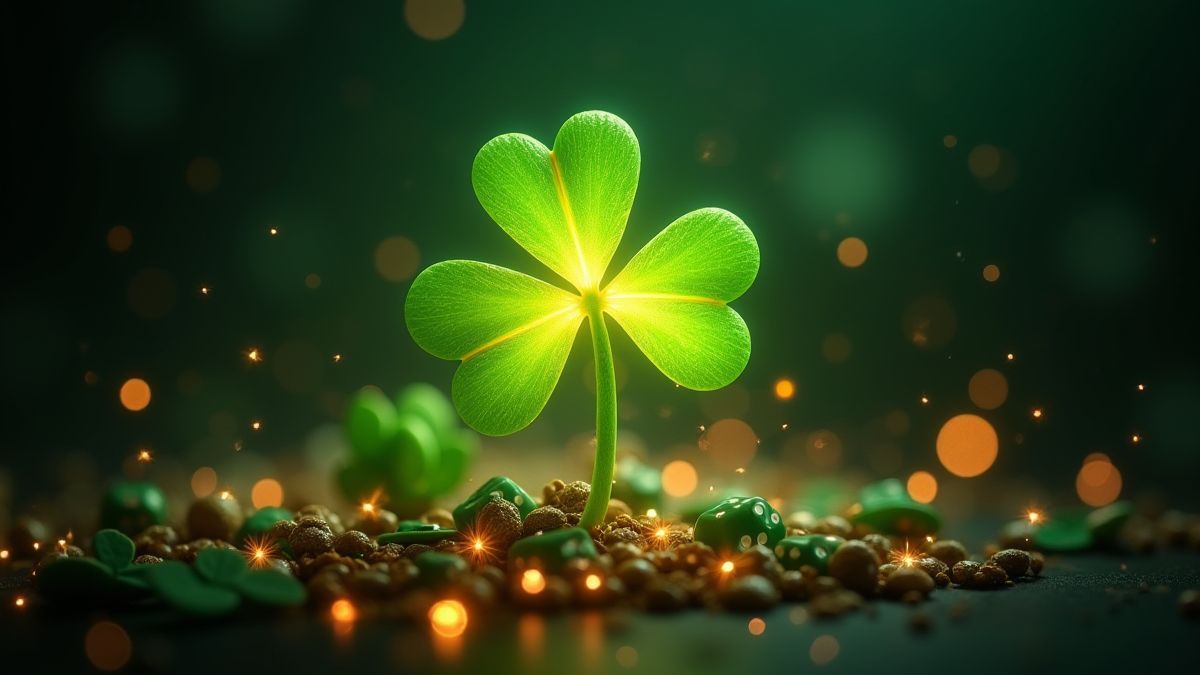 Un trèfle à quatre feuilles brillant entouré de dés et de lumières scintillantes.