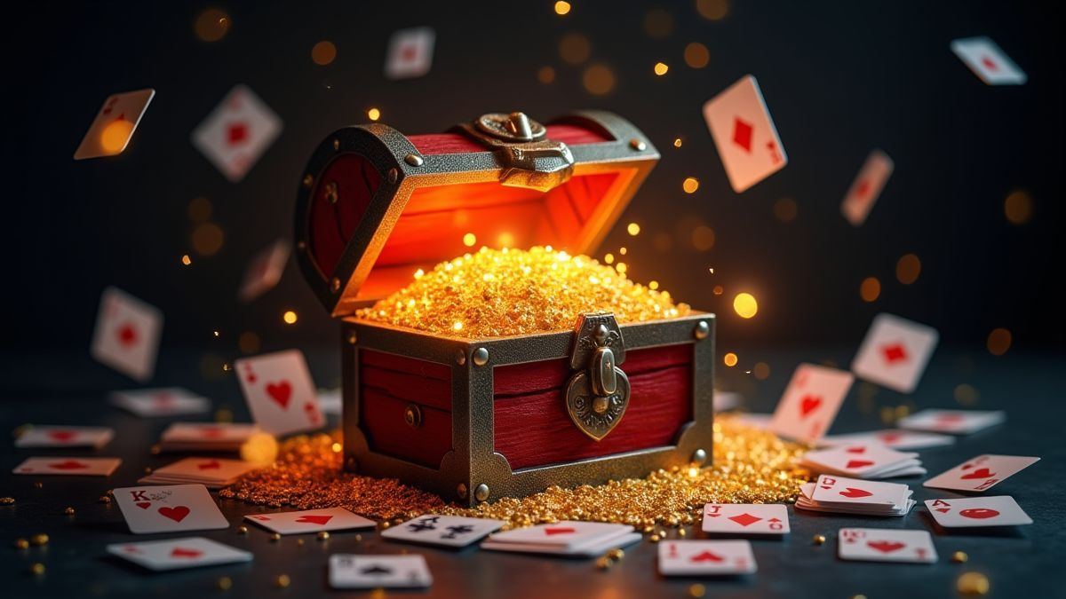 Un coffre au trésor brillant entouré de palos de cartes.