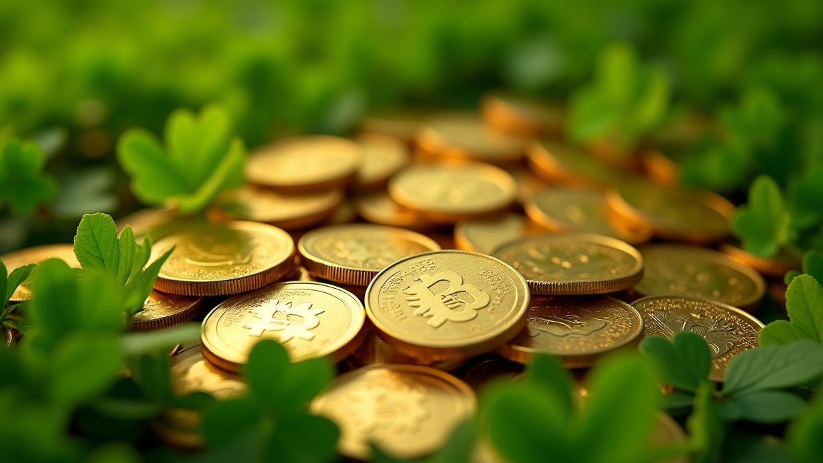 Monnaies d'or brillantes étalées sur un champ de trèfles verts.