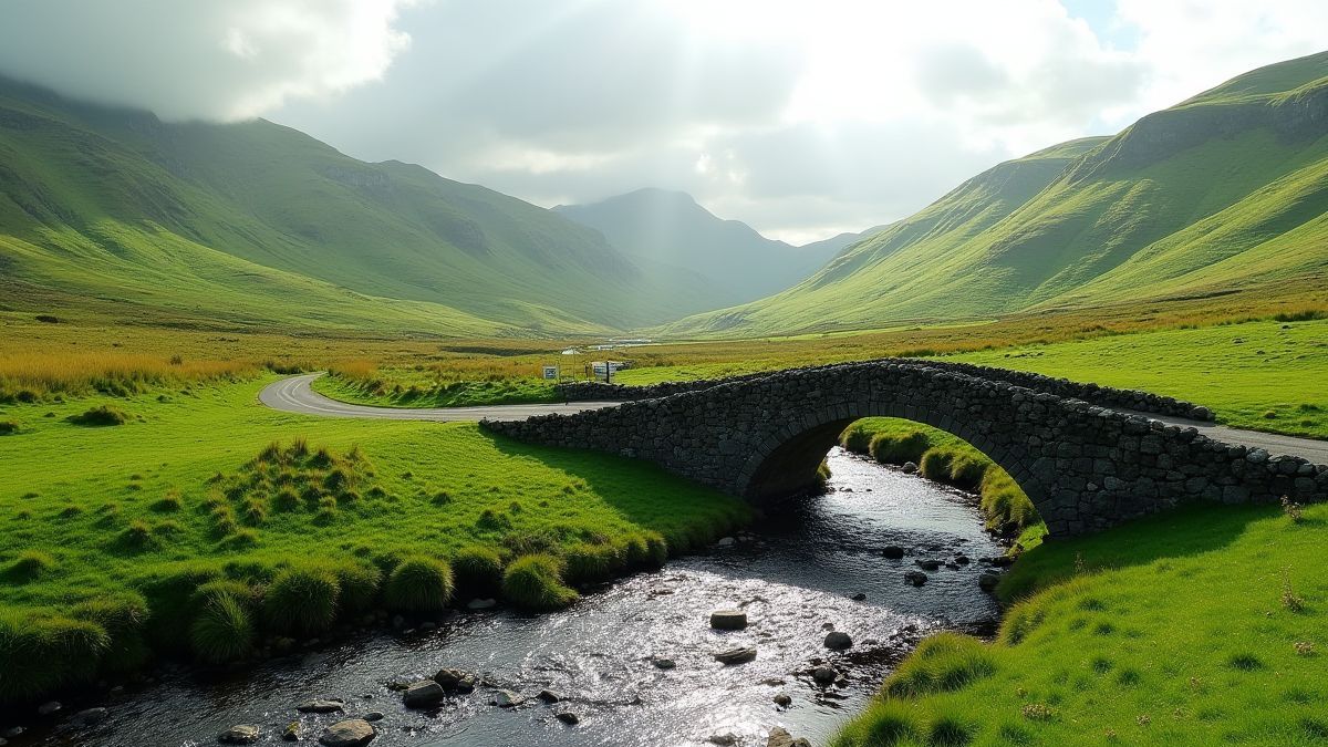 Paysage irlandais avec collines vertes et un pont de pierre.