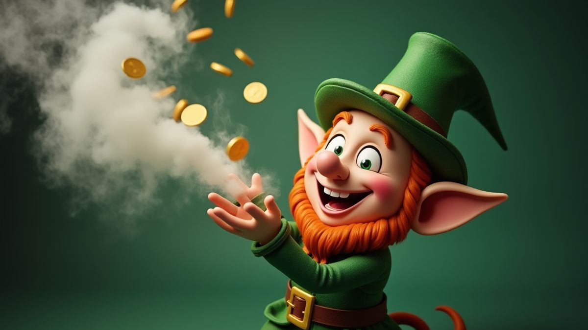 Un leprechaun soufflant de la fumée magique avec des pièces d'or s'envolant.