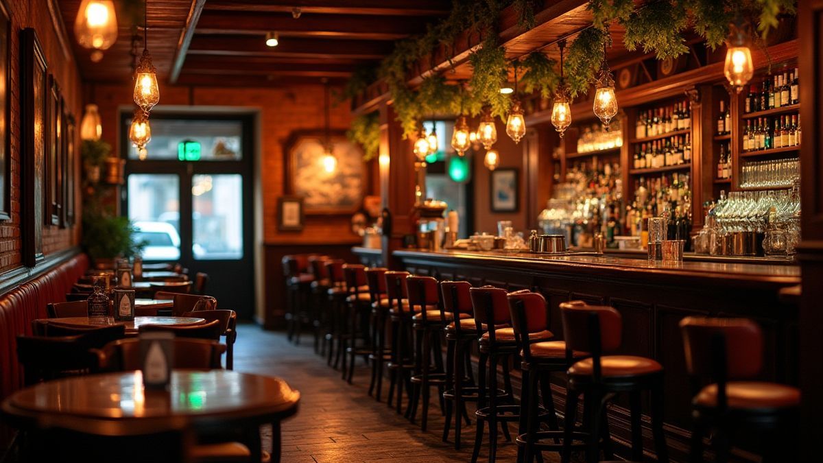 Un pub irlandais animé avec des intérieurs en bois.