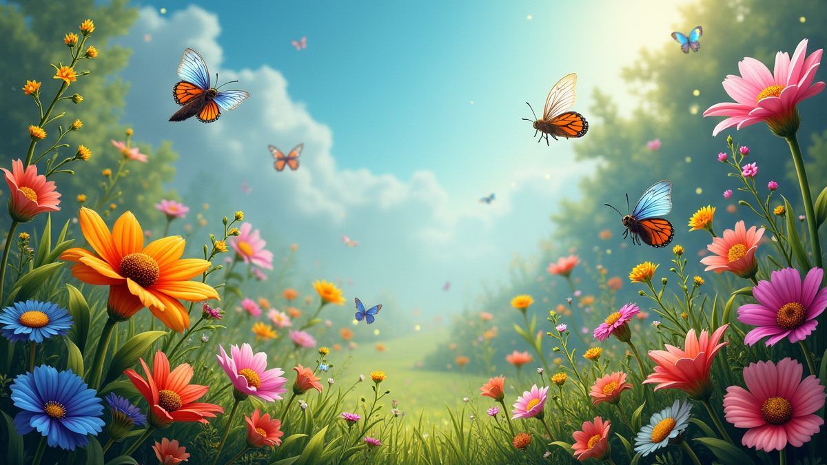 Un jardín mágico con flores coloridas y insectos.