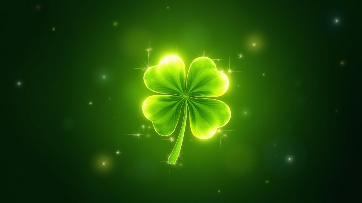 Trébol de cuatro hojas brillante rodeado de efectos mágicos.