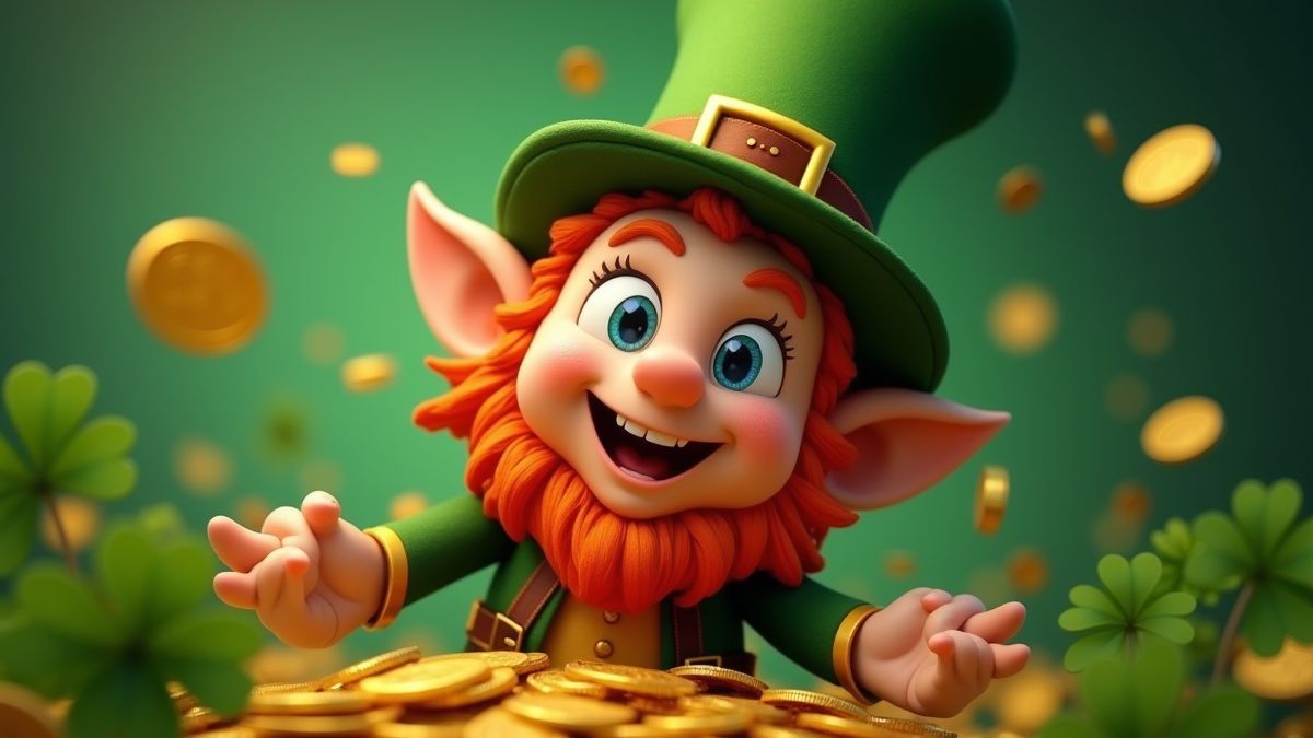 Leprechaun feliz rodeado de monedas de oro y tréboles.