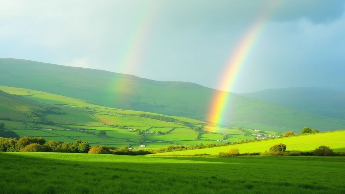 Paisaje irlandés con colinas verdes y un arco iris.