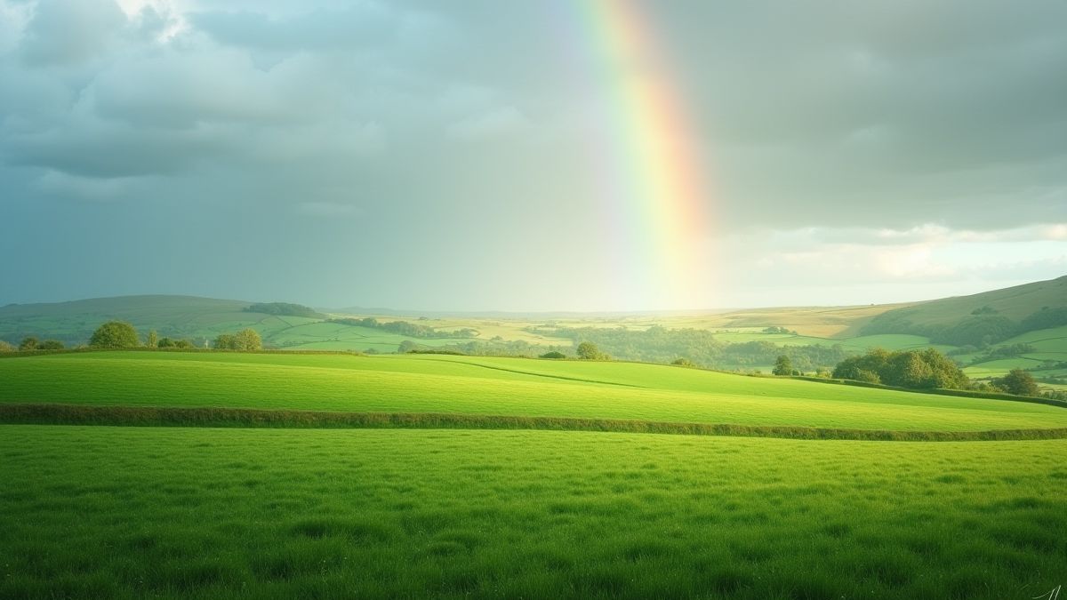 Landschap van Ierland met groene velden en een regenboog in de lucht.
