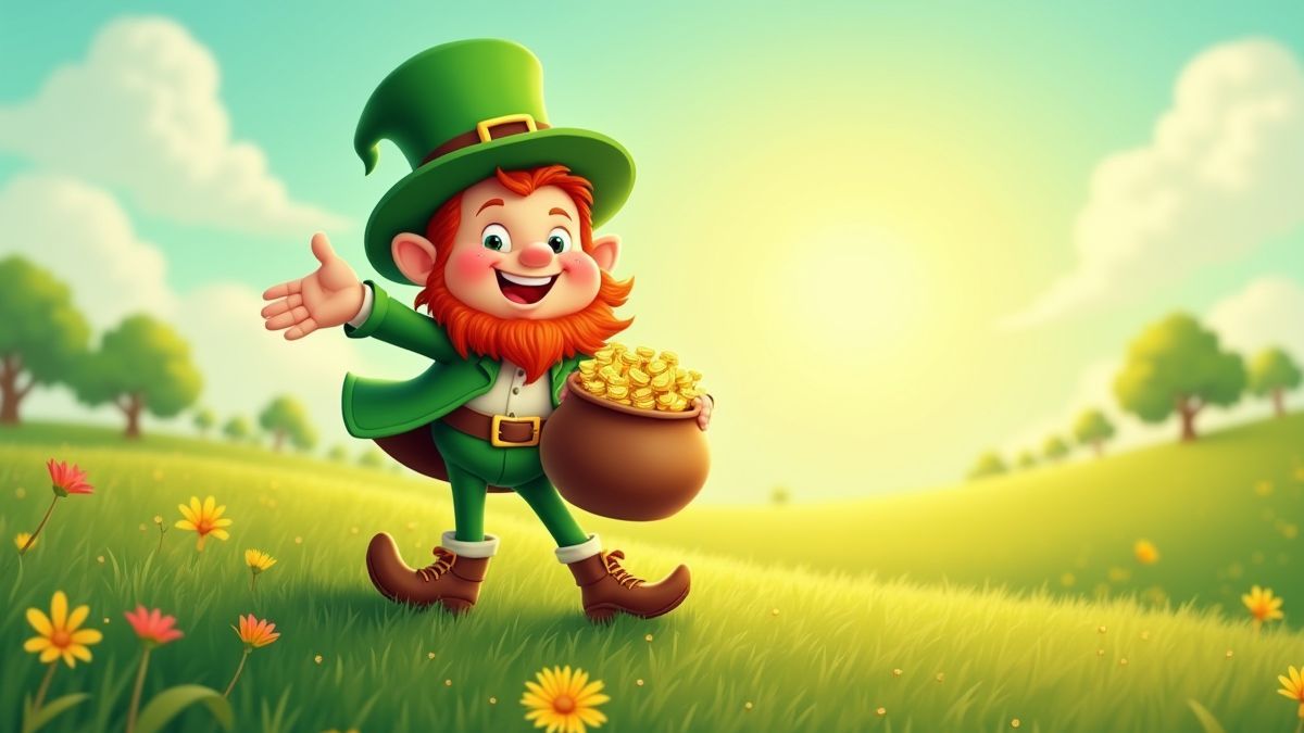 Een blije leprechaun die een pot goud vasthoudt in een Ierse weide.