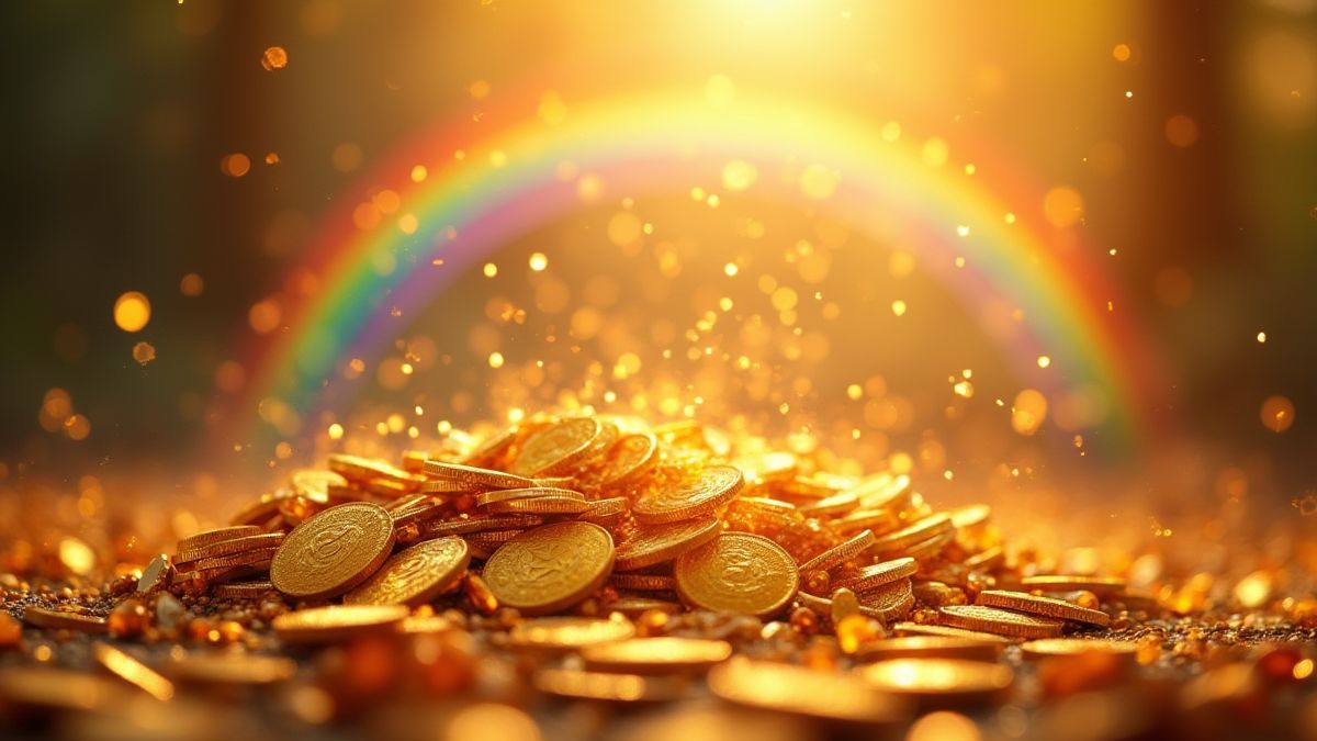 Waterval van gouden munten onder een schitterende regenboog.