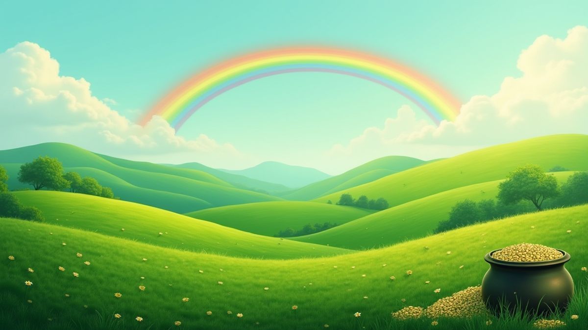 Paysage irlandais avec collines vertes et un arc-en-ciel vibrant.