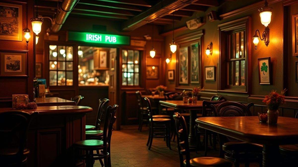 Interior de um pub irlandês com decoração quente e trevos iluminados.