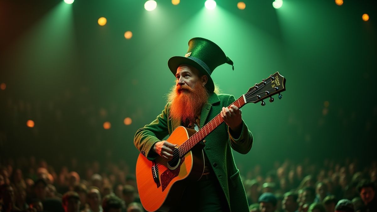 Um leprechaun tocando a guitarra em um palco iluminado.