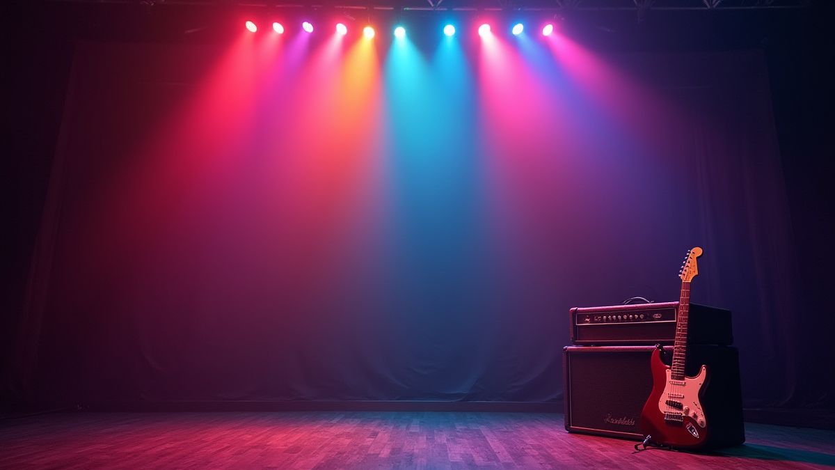 Escenario vibrante con luces de arcoíris y una guitarra eléctrica.