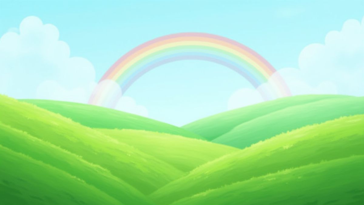 A cartoon-style landscape with green hills and a colorful rainbow.