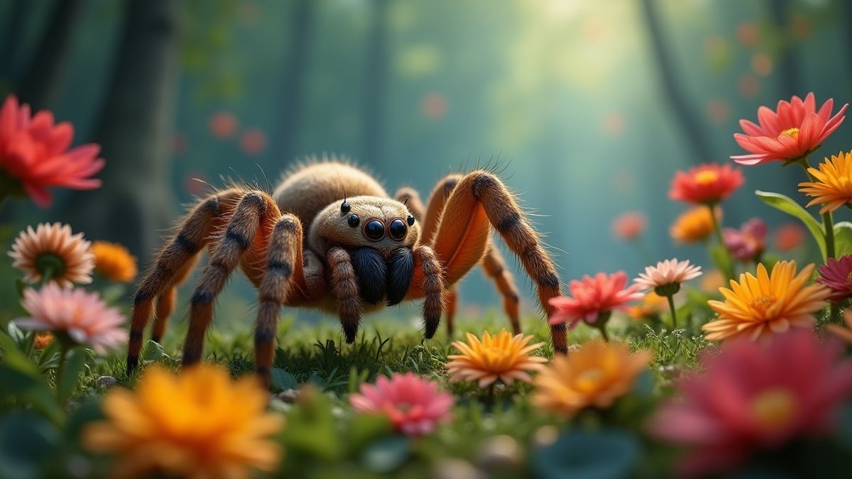 An animated spider uncovering colorful flowers in a magical forest.