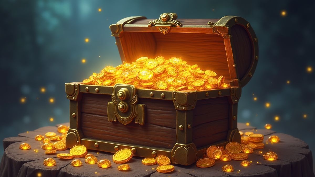 Un coffre au trésor rempli de pièces d'or et de bijoux scintillants.