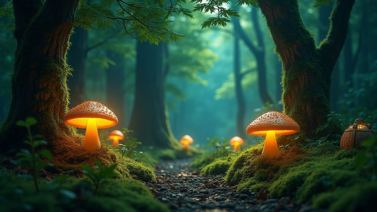 Un bosque encantado lleno de hongos brillantes y cofres del tesoro.