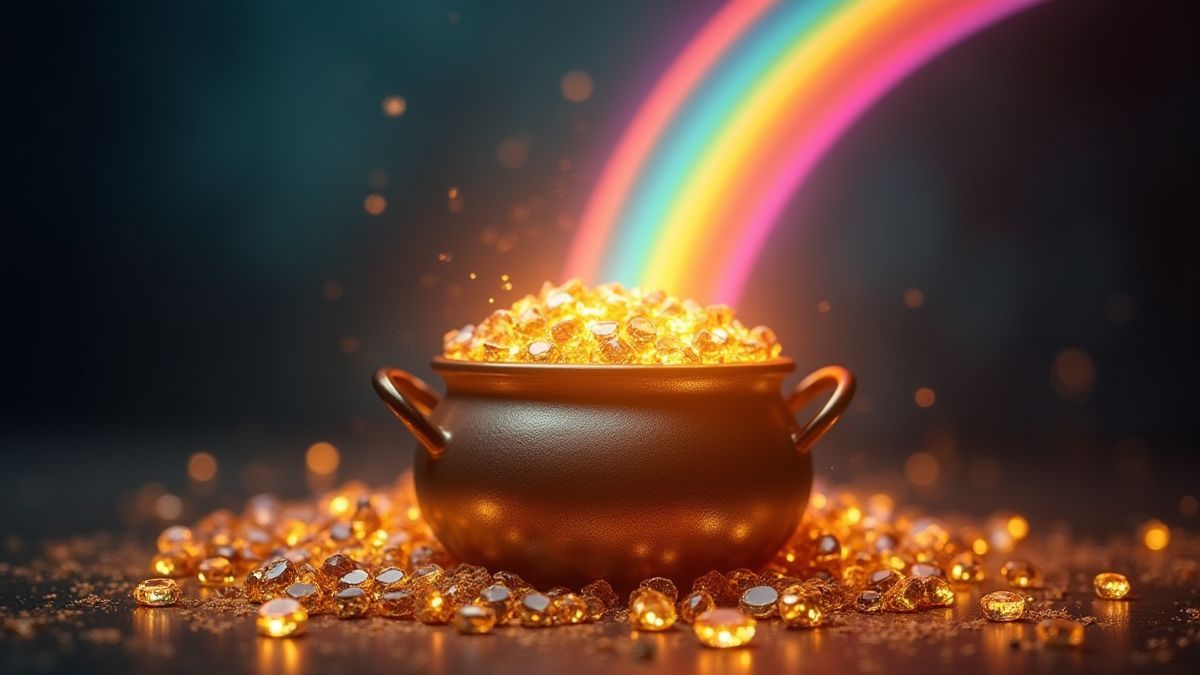 Una olla de oro brillante bajo un arcoíris y rodeada de gemas relucientes.