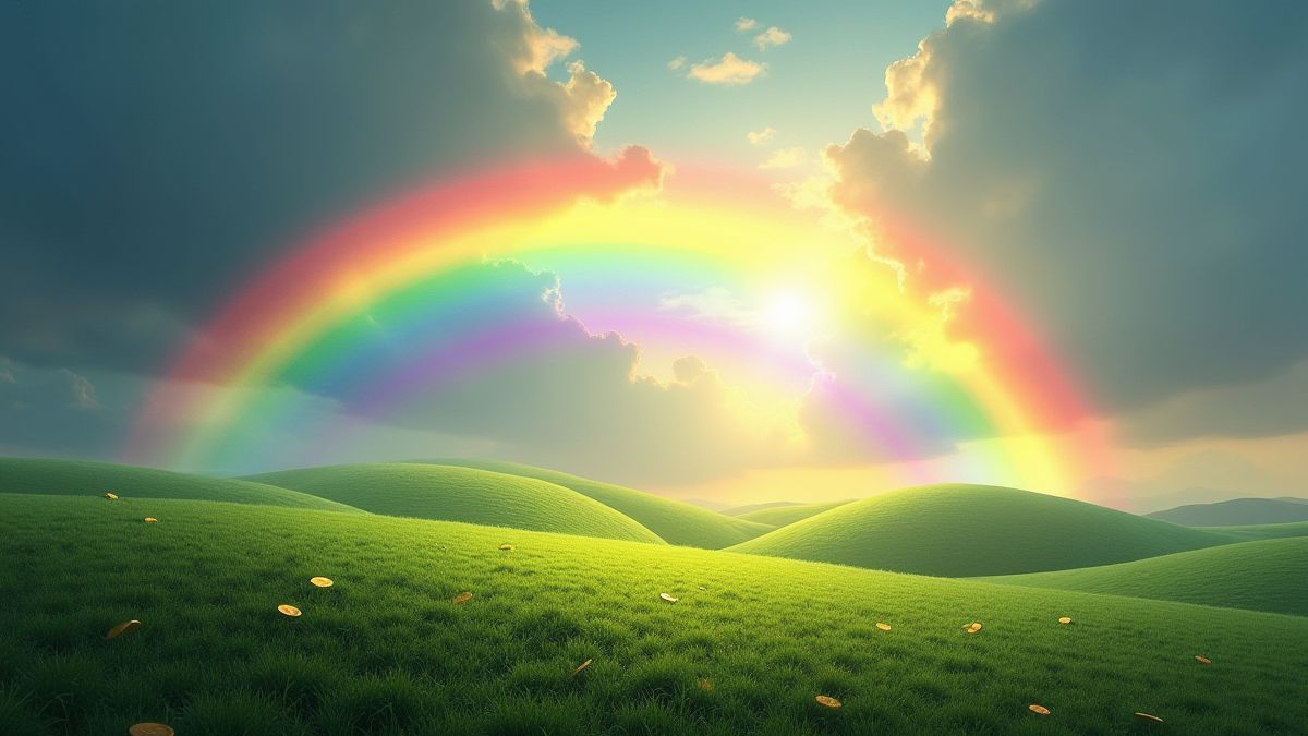Un arcoíris brillante sobre una colina verde con monedas de oro esparcidas.