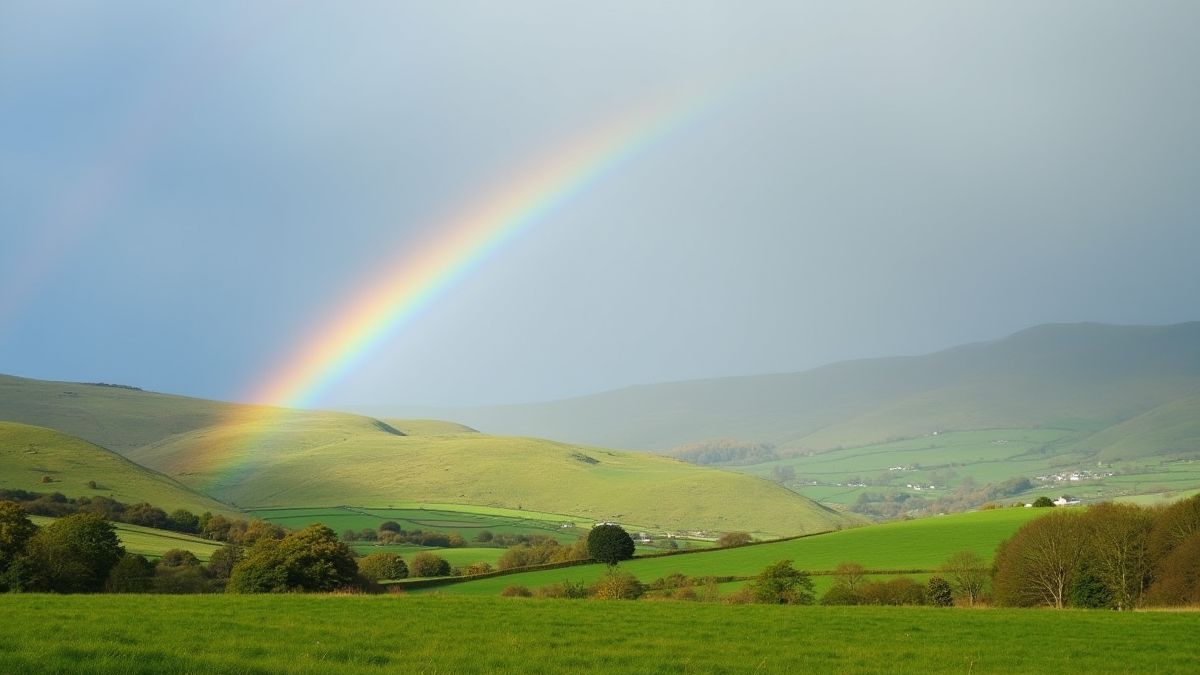 Paisagem irlandesa com colinas verdes e um arco-íris vibrante.