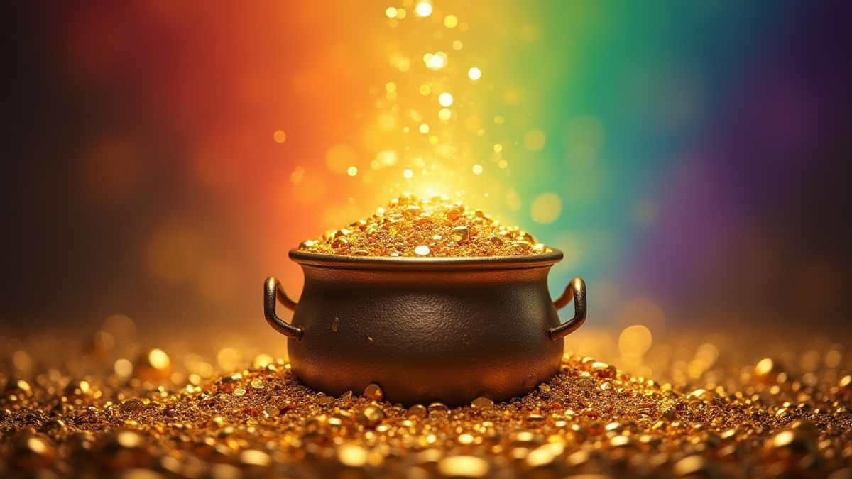 Uma panela de ouro transbordando no final de um arco-íris.