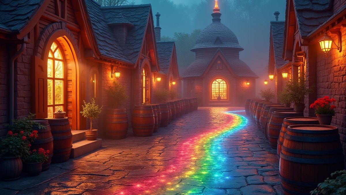 Brasserie magique avec fûts et liquides arc-en-ciel.
