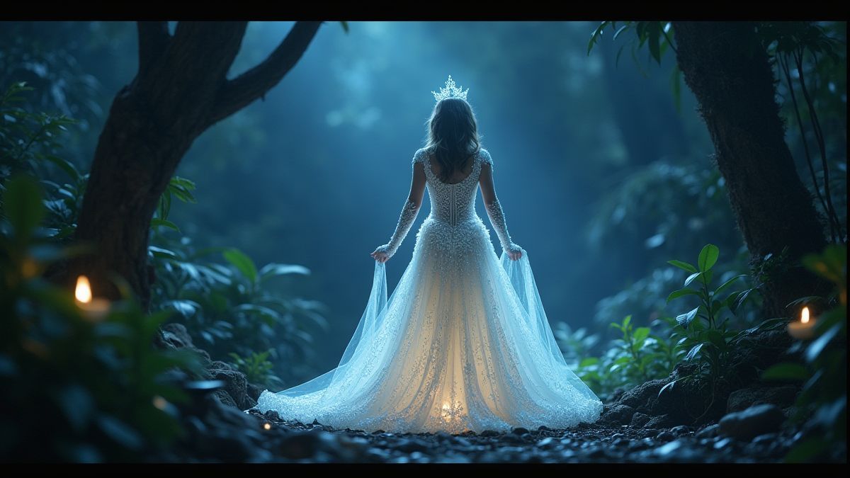 Una princesa radiante en un entorno selvático mágico.