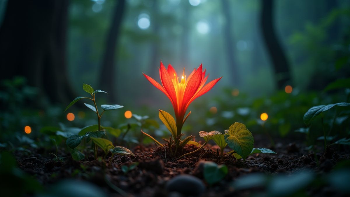 Eine magische Blume im Regenwald, die mit Geheimnissen leuchtet.