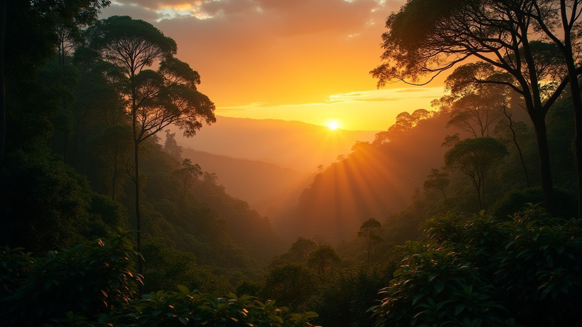 Jungle landscape at sunset with golden light.