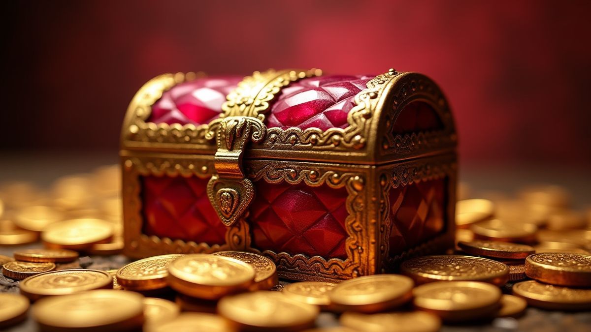 Un cofre lleno de rubíes y monedas de oro.