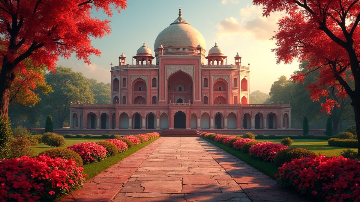 Un palais indien entouré de jardins et rubis brillants.