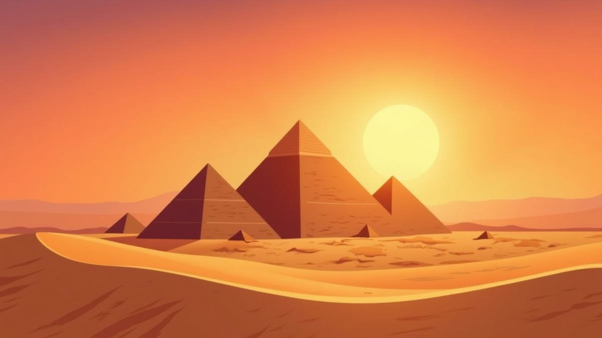 Ägyptische Pyramide umgeben von Sanddünen und einem strahlenden Sonnenuntergang.