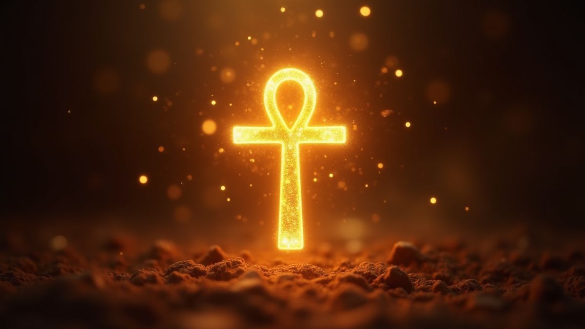 Ein strahlendes goldenes Ankh, umgeben von funkelndem und mystischem Licht.