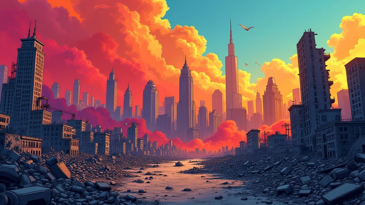 Ciudad estilo cómic en ruinas con colores vibrantes.
