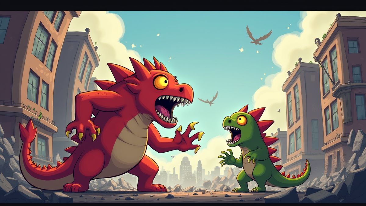 Batalla de monstruos en una ciudad destruida estilo cómic.