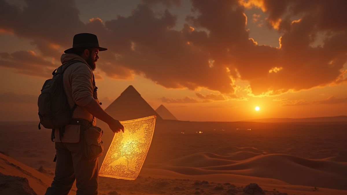 Archéologue aventurier tenant une carte lumineuse dans un désert égyptien.