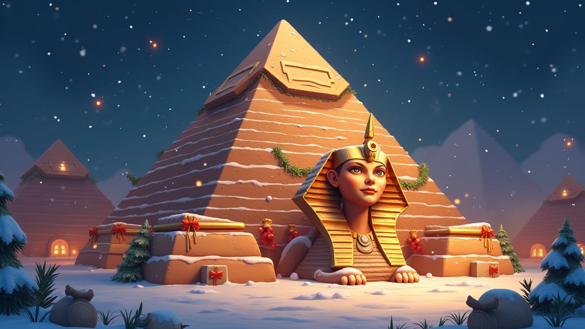 Une pyramide égyptienne avec neige et décoration de Noël.