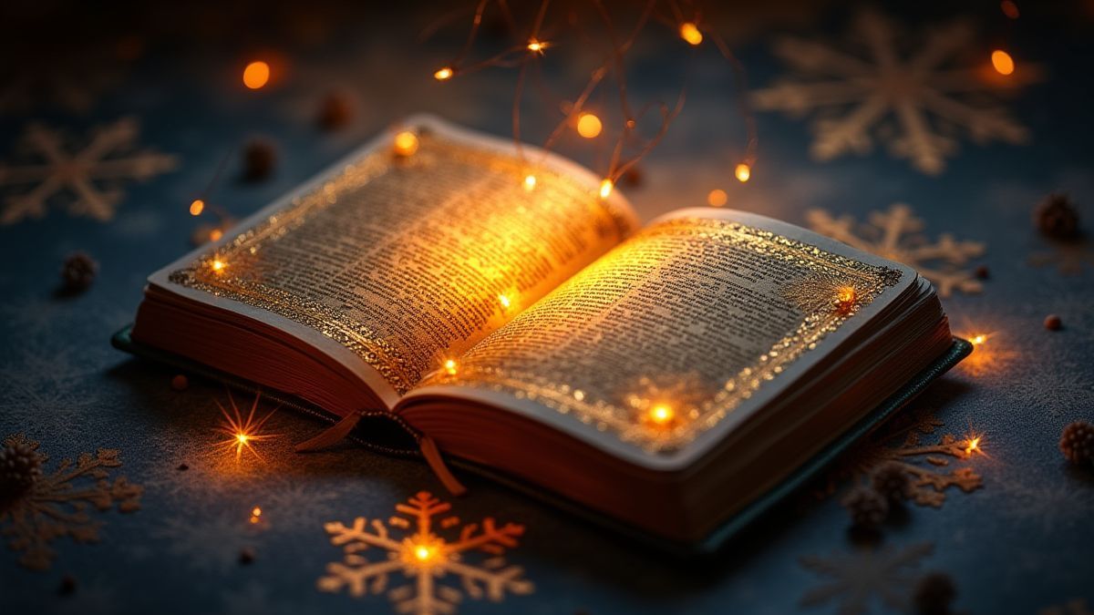 Un livre festif avec des hiéroglyphes dorés et des flocons de neige.