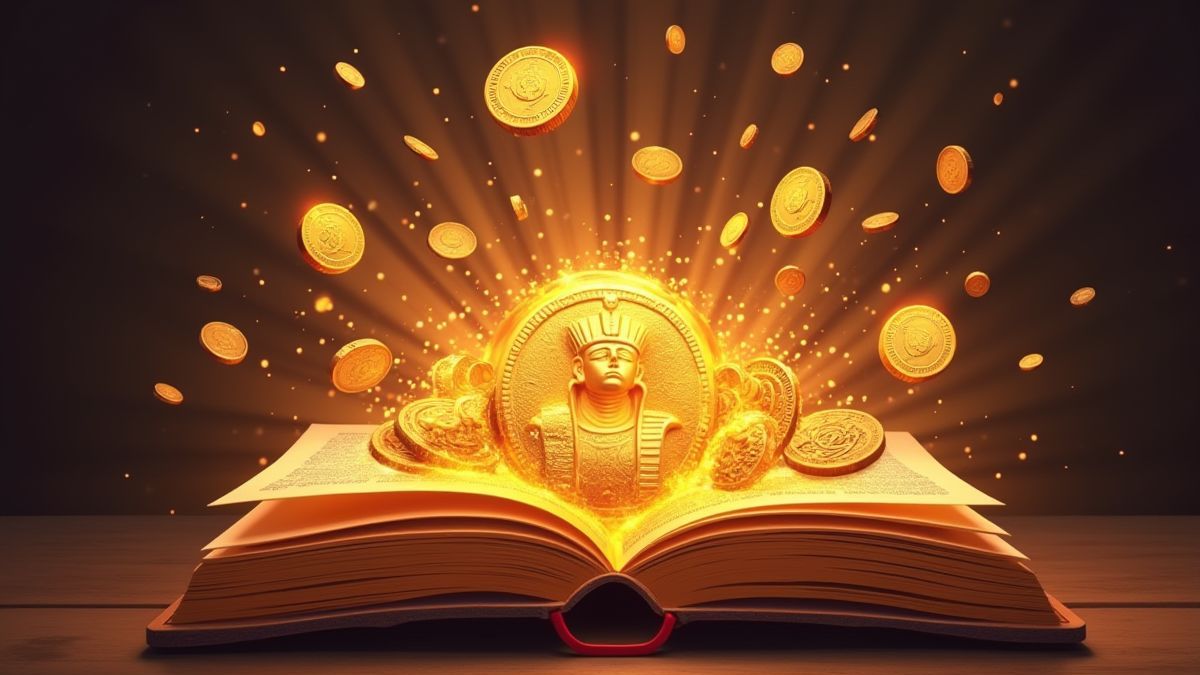 Monnaies et trésors égyptiens émergeant d'un livre brillant.