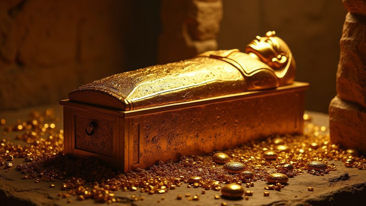 Sarcófago dorado rodeado de tesoros en una tumba antigua.