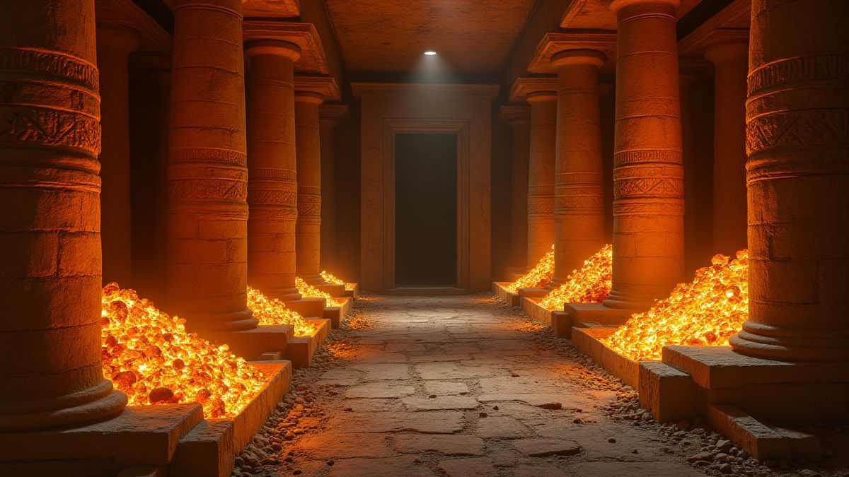 Interior de una tumba egipcia con tesoros brillantes y artefactos misteriosos.