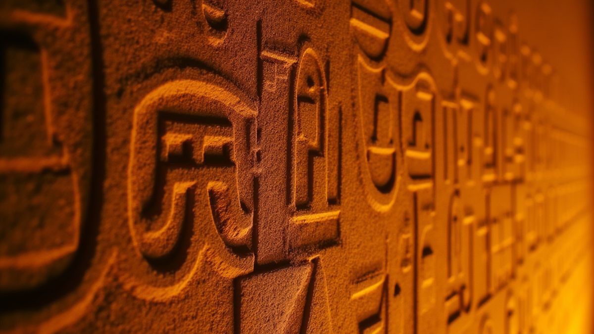 Egyptian hieroglyphs glowing on a sandstone wall.