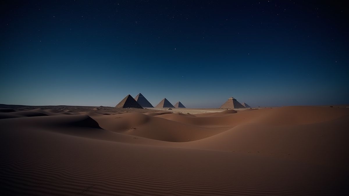 Desert landscape with pyramids in the distance under a starry sky.