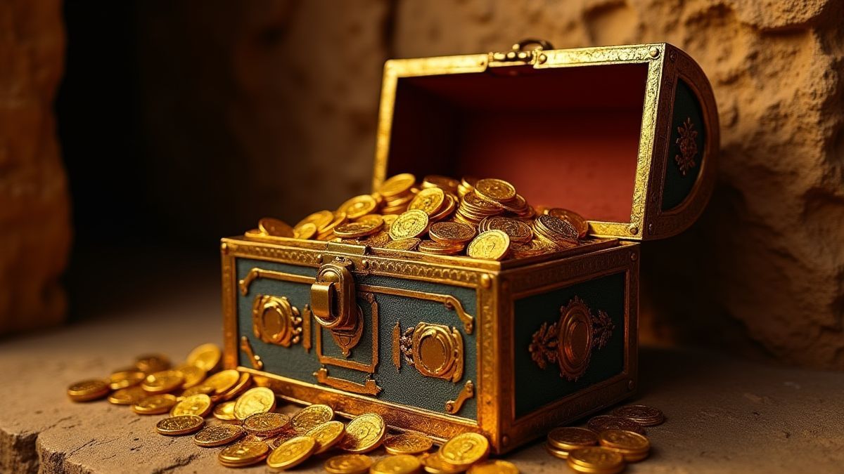 Treasure chest filled with gold coins and jewels in an Egyptian tomb.