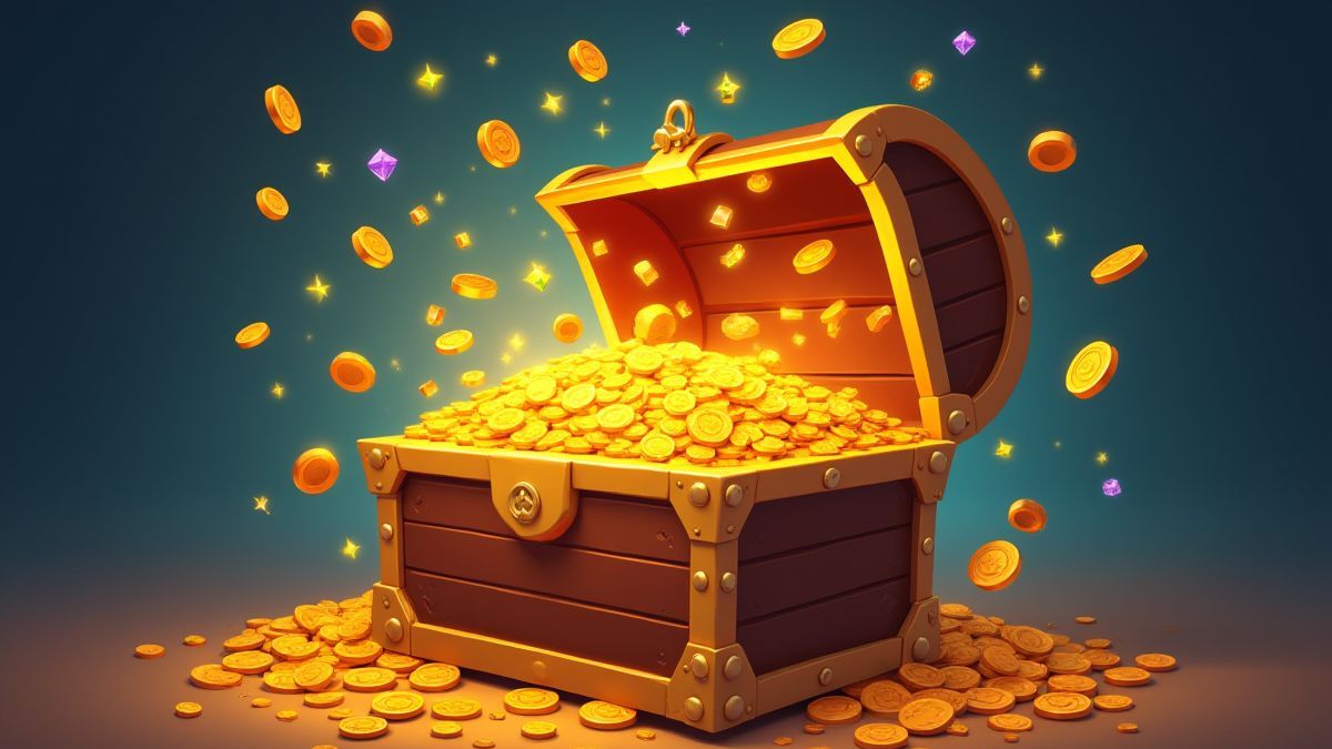 Un cofre del tesoro abierto con monedas de oro y joyas brillantes.