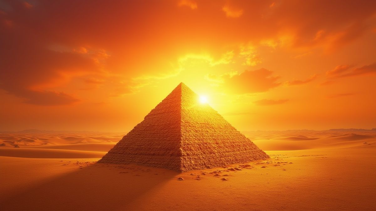 Une pyramide dorée entourée de sands brillantes sous un coucher de soleil vibrant.