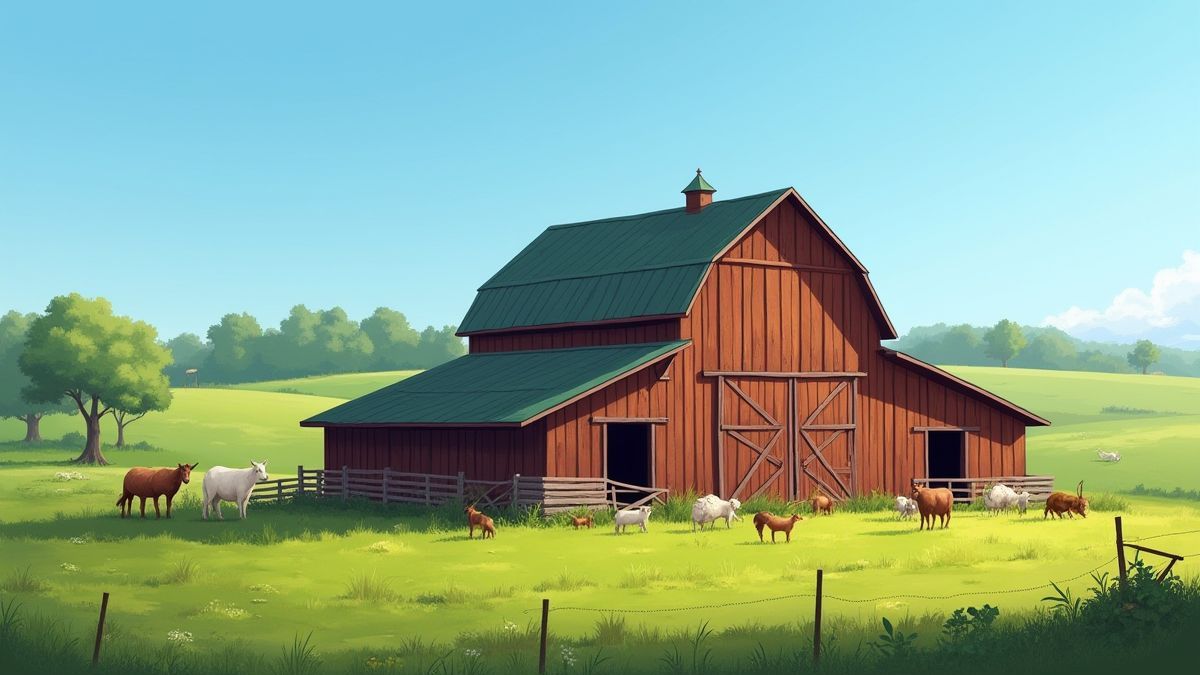 A wooden barn surrounded by green fields and farm animals.