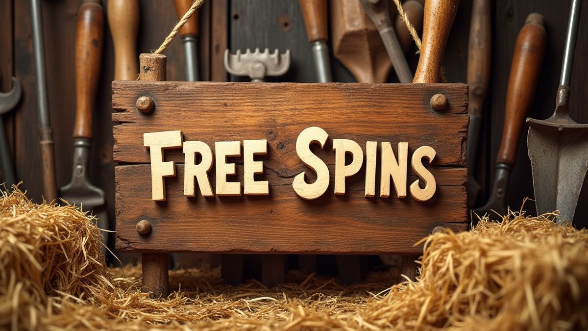 Rustic free spins sign surrounded by farm tools and haystacks.