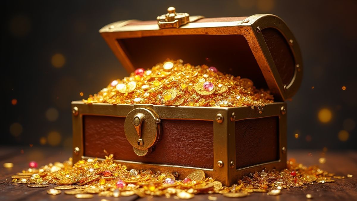 Um baú do tesouro transbordando de moedas de ouro e joias brilhantes.